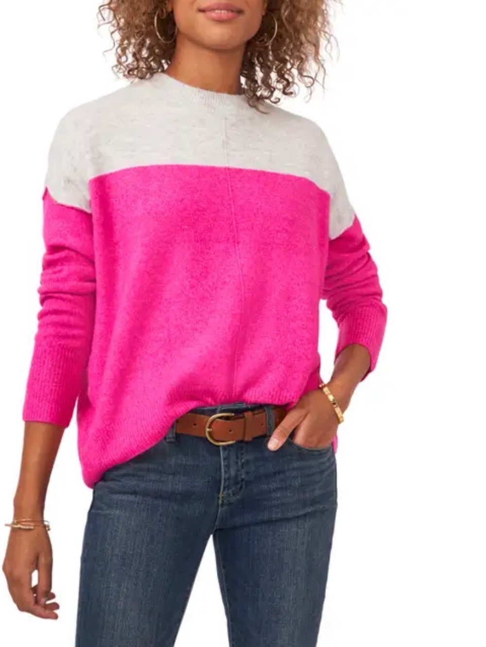 Vince Camuto - Heather Fuchsia &Light Gray Colorblock Crewneck Sweater